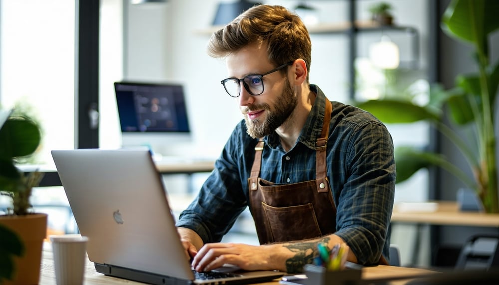 Small business owner using a laptop with IT support Small business owner using a laptop with IT support