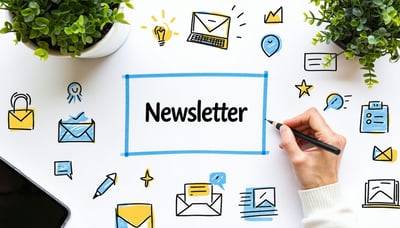 Newsletter signup illustration with digital elements and small business icons. Newsletter signup illustration with digital elements and small business icons.
